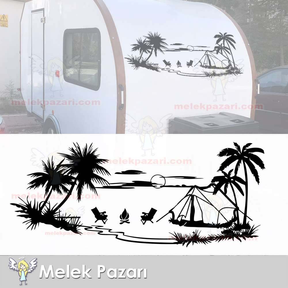 Palmiye Gün Batımı Manzara Karavan Kamp Çadır Sticker
